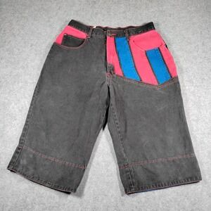 Exhaust Vintage 90s Baggy Denim Jorts Mens 33 Black Red Blue Colorblock Shorts